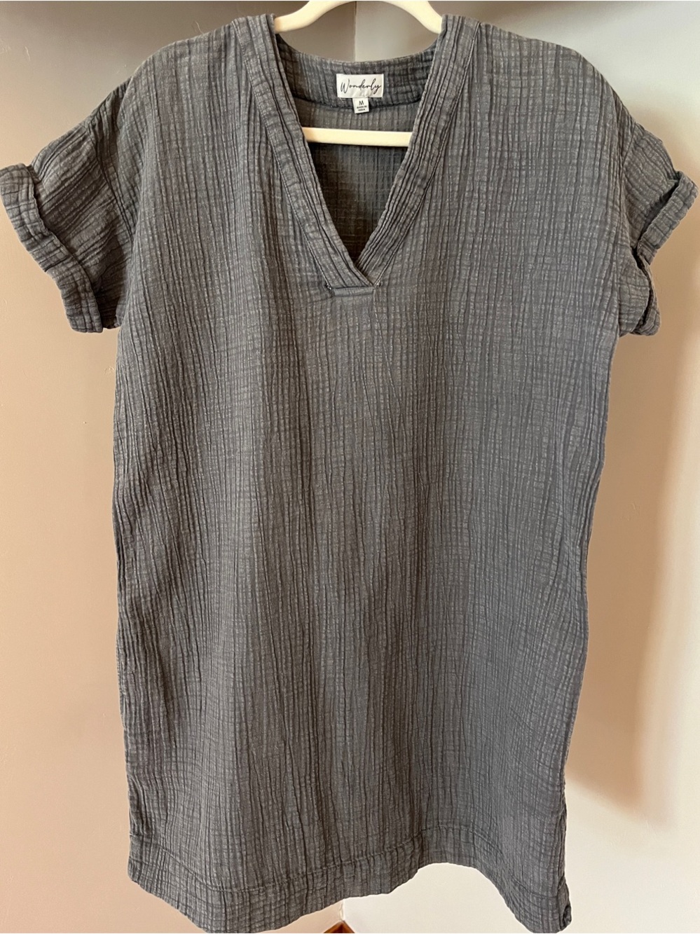 Wonderly Heather Gray Crinkled V-Neck Cotton Dress